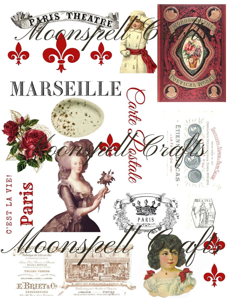 3 French inspired Digital Collage Element Sheets 3 pages in All Shabby Brocante Junk Journal Supply image 3