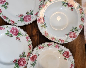 Oh so Shabby Antique Alfred Meakin Dinner Set - Pink Roses on White Porcelain - England  1930 Rosecliffe - Plates Bowls Teacups