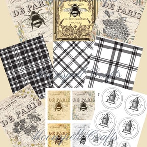 15 Digital Collage Sheets 6 Element Sheets 9 Full Size French Inspired Bees Junk Journal-Instant Download Black White Yellow image 3