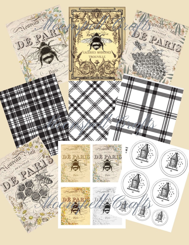 15 Digital Collage Sheets 6 Element Sheets 9 Full Size French Inspired Bees Junk Journal-Instant Download Black White Yellow image 3