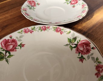 Oh so Shabby Antique Alfred Meakin 4 Saucers - Pink Roses on White Porcelain - England  1930 Rosecliffe - Mosaic supplies