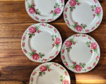 Oh so Shabby Antique Alfred Meakin 5 Dessert Plates Pie Croissant Bread - Pink Roses on White Porcelain - England  1930 Rosecliffe