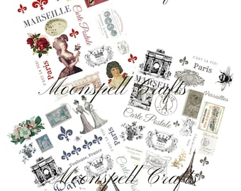 3 French inspired Digital Collage Element Sheets - 3 pages in All - Shabby Brocante Junk Journal Supply