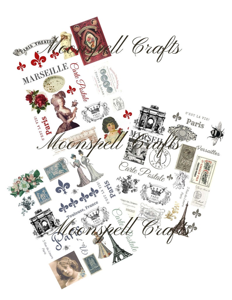 3 French inspired Digital Collage Element Sheets 3 pages in All Shabby Brocante Junk Journal Supply image 1