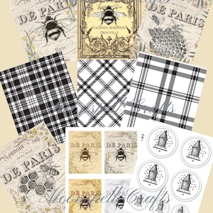 15 Digital Collage Sheets 6 Element Sheets 9 Full Size French Inspired Bees Junk Journal-Instant Download Black White Yellow image 1
