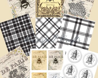 15 Digital Collage Sheets - 6 Element Sheets - 9 Full Size French Inspired Bees - Junk Journal-Instant Download Black White Yellow