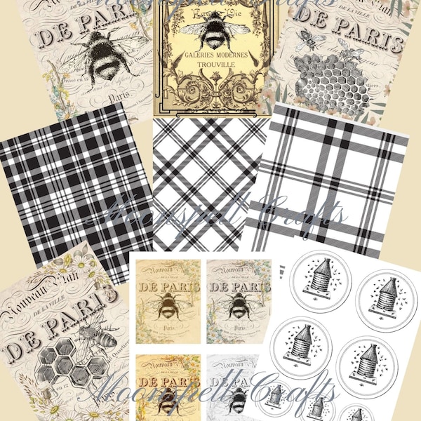 15 Digital Collage Sheets - 6 Element Sheets - 9 Full Size French Inspired Bees - Junk Journal-Instant Download Black White Yellow