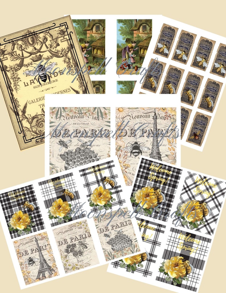 15 Digital Collage Sheets 6 Element Sheets 9 Full Size French Inspired Bees Junk Journal-Instant Download Black White Yellow image 2