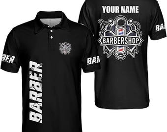 Custom Black Barber Polo Shirt – Personalized Barbershop Pole Design for Haircut Professionals