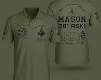 Custom Masonic 3D Polo Shirt: Military Green Freemason Design