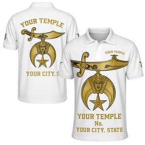 Shriners Masonic 3D Polo Shirt – Custom Temple Name & City White Polo with Scimitar and Crescent Symbol
