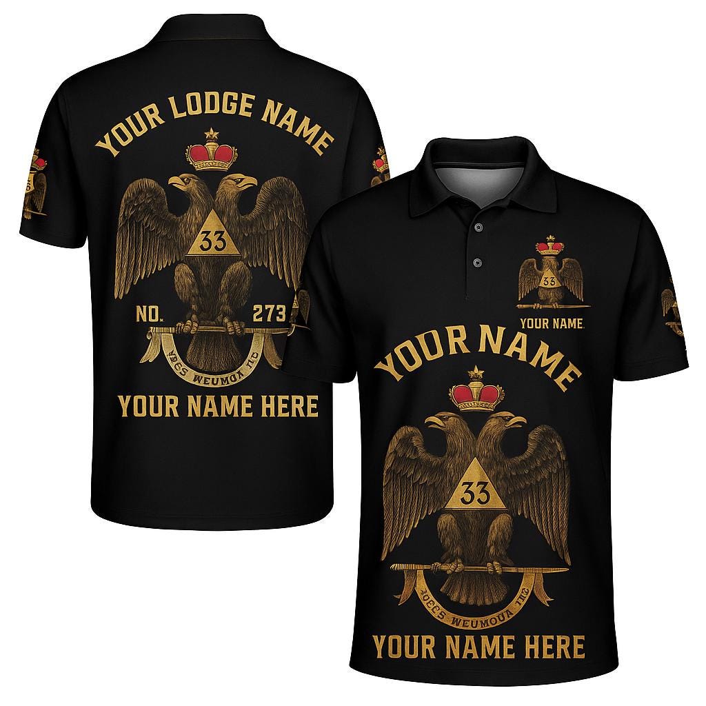 33rd Degree Freemason Polo Shirt: Custom Lodge Name, Scottish Rite Eagle Emblem