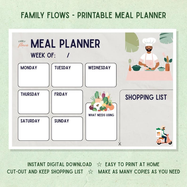 Cute Weekly Meal Planner Printable - "family Flows" - A4 & Letter Sizes ...