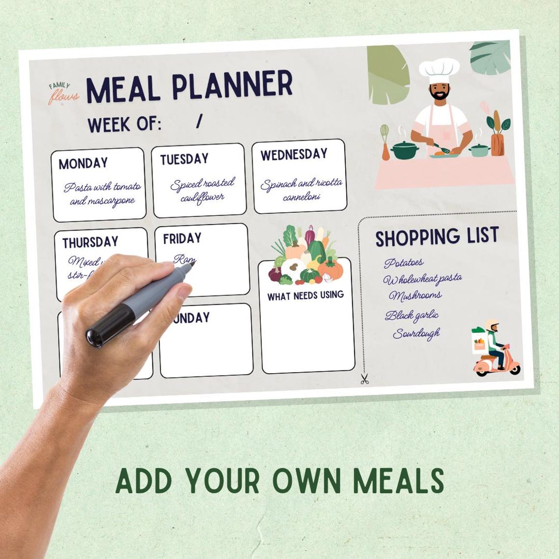 Cute Weekly Meal Planner Printable - "family Flows" - A4 & Letter Sizes ...