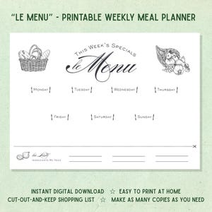 Classy Weekly Meal Planner Printable - &quot;Le Menu&quot; - A4 & Letter Sizes - Digital Download - Meal Template with Shopping List - Print at Home