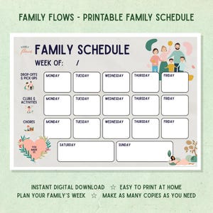 Puede incluir: Plantilla de horario familiar imprimible con un fondo gris claro e ilustraciones coloridas. La plantilla incluye secciones para dejar y recoger, clubes y actividades, tareas domésticas, sábado y domingo. El texto "FAMILY FLOWS - PRINTABLE FAMILY SCHEDULE" está en la parte superior de la plantilla. El texto "FAMILY SCHEDULE" está en un tamaño de fuente más grande y está debajo de la primera línea de texto. El texto "WEEK OF: /" está debajo de la segunda línea de texto. El texto "YOU MADE IT" está en forma de corazón y está en la esquina inferior izquierda de la plantilla.