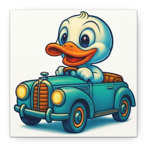 Impresión en lienzo de un patito feliz en un coche clásico, arte de pared de pato de dibujos animados caprichoso, decoración de habitación infantil, decoración de pared para habitación infantil