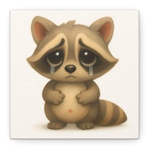 Lienzo decorativo de mapache chibi hambriento, dibujo animado de un mapache bebé hambriento, decoración infantil, habitación infantil, decoración del hogar, decoración de pared