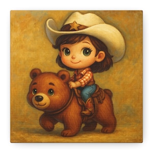 Cartoon Cow Girl Riding Bear Canvas Wall Art, Nursery Room Decor, Kids Room Decoration, Cute Animal Picture, Farmhouse