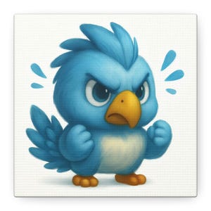 Lienzo decorativo de pájaro azul enojado, divertido estampado de animales de dibujos animados para habitación infantil, guardería o sala de juegos, decoración de pared para habitación de bebé.
