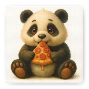 Lindo panda para pared, divertido lienzo de panda amante de la pizza para guardería, habitación infantil, habitación de bebé, sala de juegos, decoración de pared con dibujos animados.