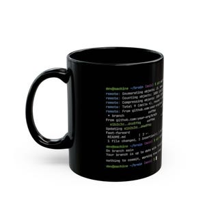 May include: A black ceramic mug featuring a printed terminal command line interface. The text displays git operations including remote enumeration, counting, and compression, with green, blue, and white text on the dark surface of the mug.