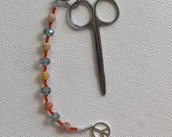 Peace Sign Scissors Chain – Orange Crackle Agate and Blue Glass Bead Charm Clip