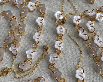 White Flower Button Necklace: Gold-Linked Cottagecore Statement Jewelry