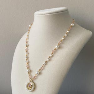 Pearl and Pink Crystal Pendant Necklace with Enamel Rose Charm – Romantic Vintage Inspired Jewelry, Princess Core Necklace, Gift for Her