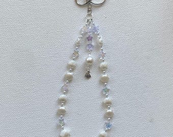 White Seashell Bag Charm – 9.5” Keychain with Faux Pearls, Iridescent Star Beads, Fish Charm