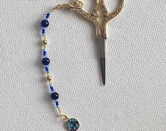 Blue Geometric Enamel Scissor Charm – Beaded Gold Lanyard