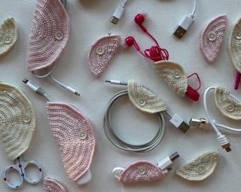 Crochet Cable Organizers – Cotton Cord Wraps for Travel, Desk Management