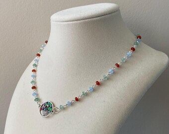 Colorful Glass Bead Tree Necklace – 16” Silver Charm Pendant with Red Blue Green Accents