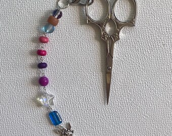 Fairy Scissors Chain – Pink, Blue, and Crystal Beads with Silver Fairy Charm