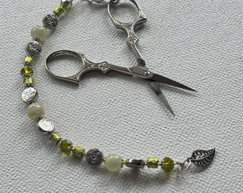 Green Leaf Beaded Scissor Charm | Silver Leaf Scissor Fob | Green Glass Bead Craft Tool Charm | Sewing Embroidery Crochet Accessory