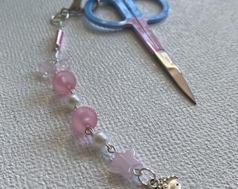Pink Kitty Scissors Charm – 6.5” Pink Beaded Chain Clip with Pearls & Star Beads