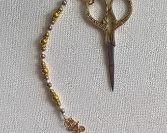 Gold Sweet Cart Scissors Chain – Dessert Charm Clip with White Glass Beads