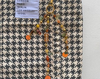 Orange Fruit Bag Charm Keychain: Enamel Tangerine, Glass Beads, Gold Accents