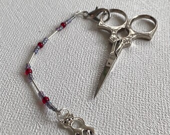 Silver Ghost Cat Scissor Charm – Purple Red Beads, Long Beaded Clip, Halloween Zipper Accessory