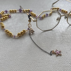 Glasses Chain with Gold Beads w/ Purple Accents and Purple Star Enamel Charms, Handmade Eyewear chain, Colorful Beaded Glasses Chain Gift