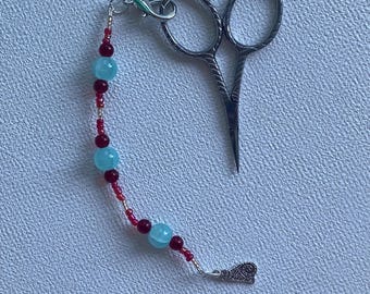 Red and Blue Glass Bead Scissor Charm with Funky Cat Pendant and Silver Accents