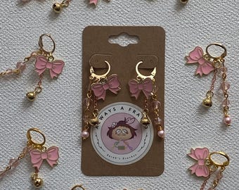 Bee and Puppycat Earrings: Pink Bow, Rose Gold Chain, Bell, Faux Pearls