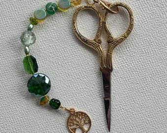 Green Nature Beaded Scissor Charm | Tree of Life Scissor Fob | Green Glass Bead Craft Tool Charm | Sewing Embroidery Crochet Accessory