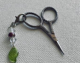 Glass Leaf Bead Scissor Charm with Ceramic Accents and Crystal Beads