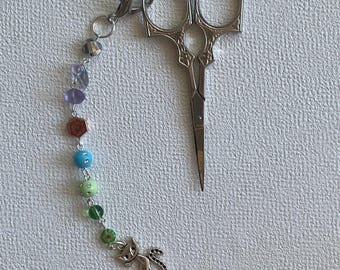 Y2K Cat Charm Scissors Chain – Silver Cat with Rhinestone & Glass Beads