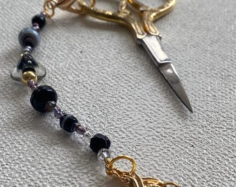 Halloween Bat Scissor Charm Clip – Gold Bat, Purple Black Beads, Glass Bead Accessory