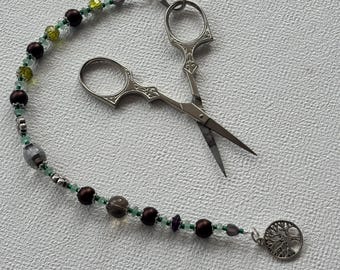 Woodland Tree Beaded Scissor Charm | Green and Brown Scissor Fob | Forest Inspired Craft Tool Charm | Sewing Embroidery Crochet Accessory