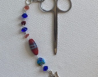 Fish Charm Scissors Chain – Ocean-Inspired Blue and Orange Glass Beads with Silver Accents
