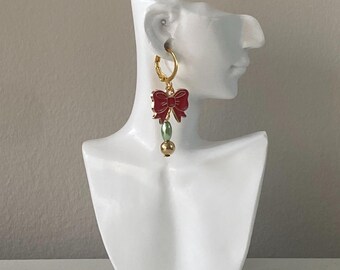 Christmas Earrings with Red Bow Charms, Green Faux Beads, and Gold Accents – Holiday Jewelry