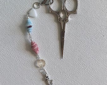 Mermaid Scissors Charm Clip – 6” Ocean-Inspired Beaded Chain with Shell, Ceramic, and Faux Pearls